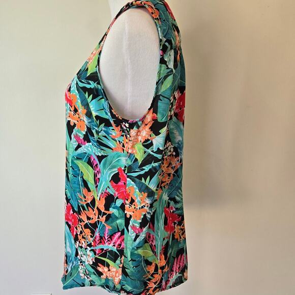Adrianna Papell Sleeveless Green Floral Blouse Size M Open neck Tropical Summer - Picture 4 of 7